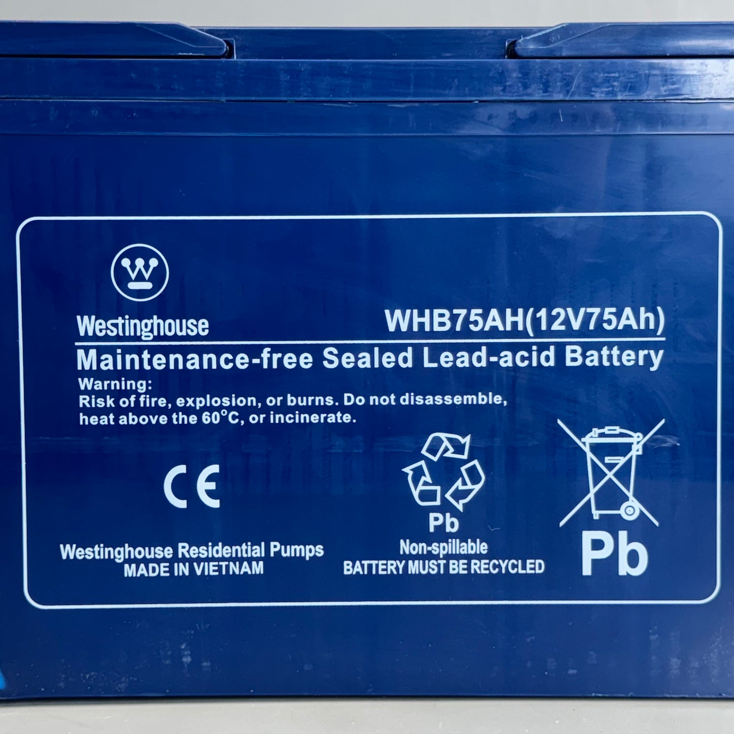 WESTINGHOUSE Battery WHB75AH Size 10”Lx6.5”Wx8”H Blue Used