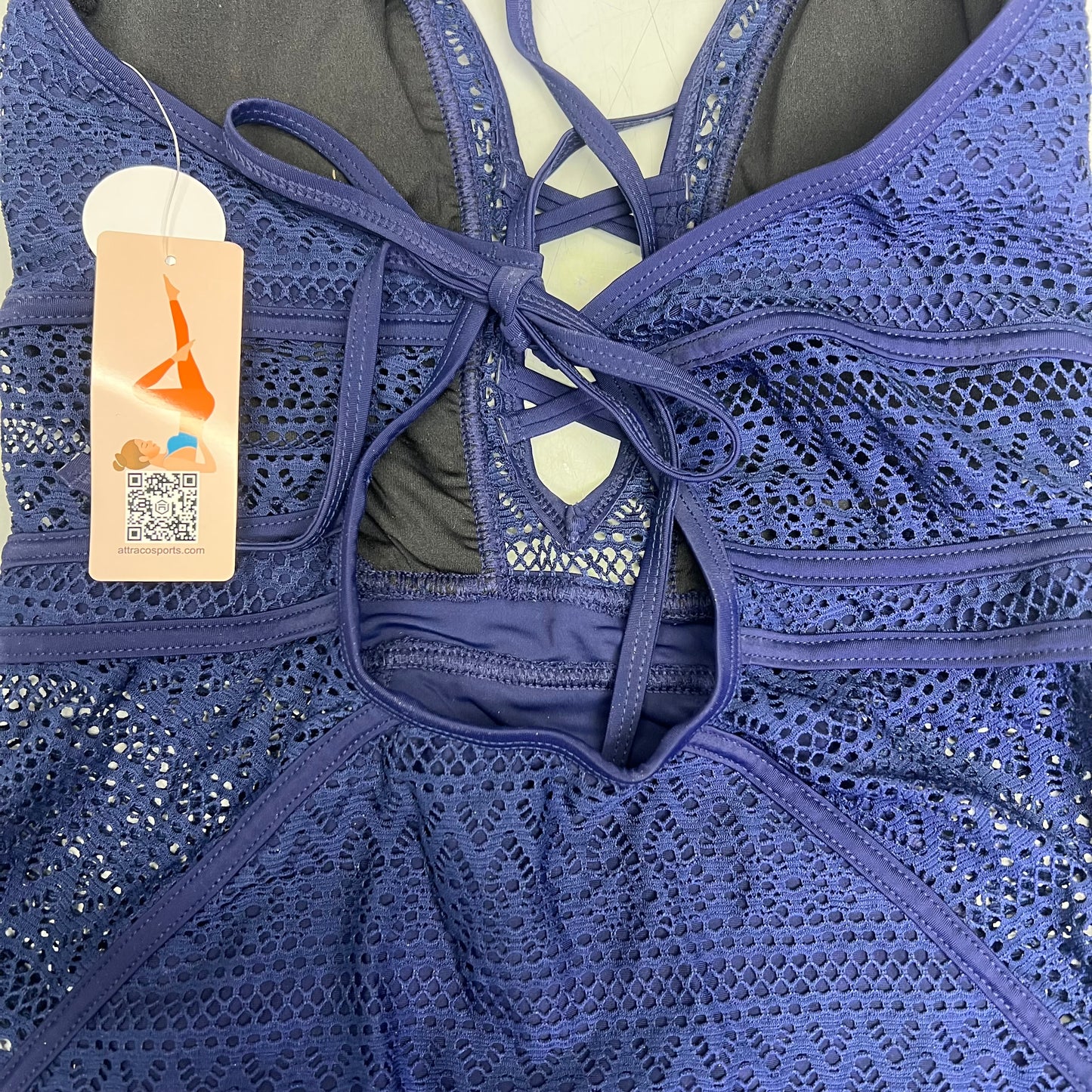 CHARMO Solid Cross Plunge Crochet One Piece Swimsuit Women's Sz M Dark Navy