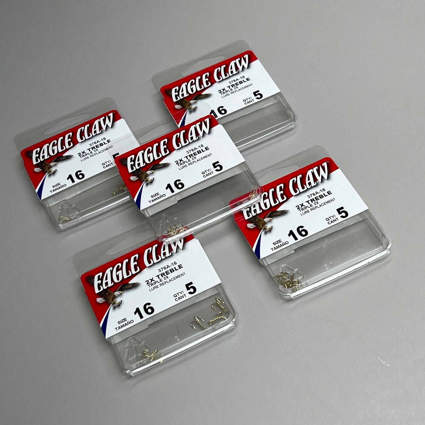 EAGLE CLAW (5 PACK) Curved Point 2X Treble Hook Lure Repla Gold #16 5pc 376A-16