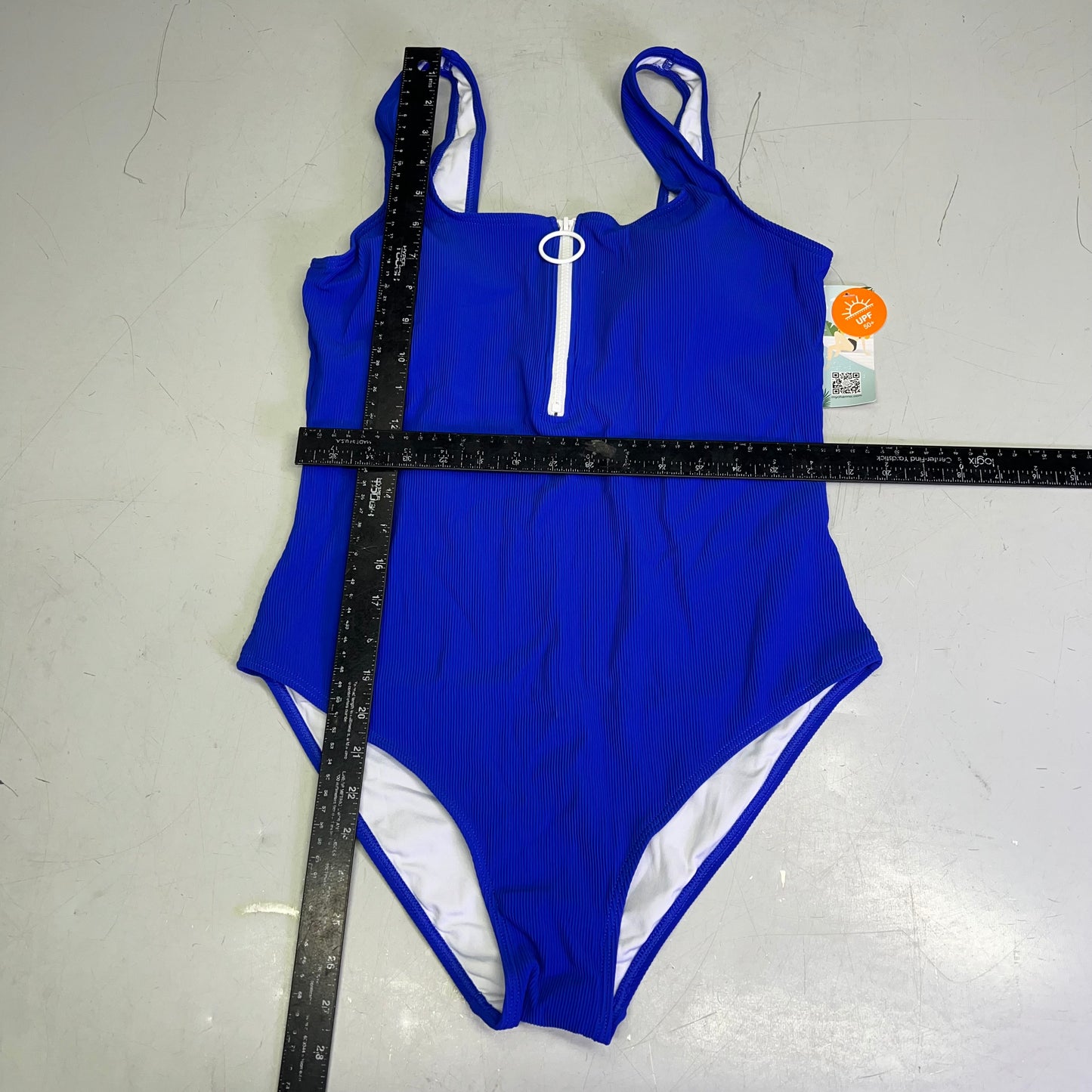 CHARMO Square Neck Half Zip One Piece Swimsuit Women's Sz L Bright Blue/White