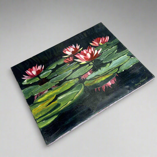 VERNA MARIE (CAMPBELL) Textured Oil Painting On Canvas Lotus Pond 18"x14"