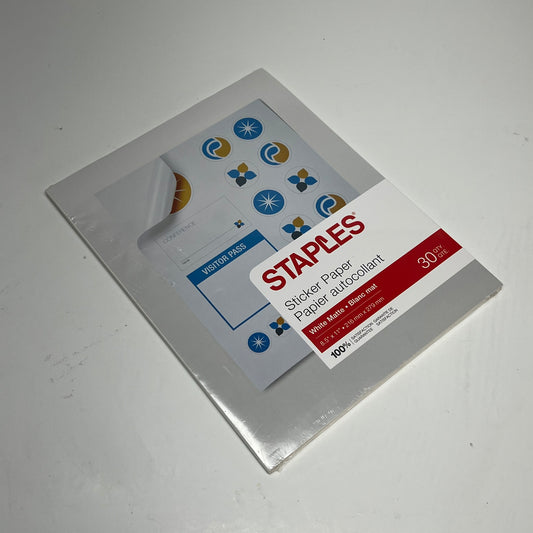STAPLES (30 PACK) Sticker Paper Create Tags Labels & More 8.5"x11" White Matte