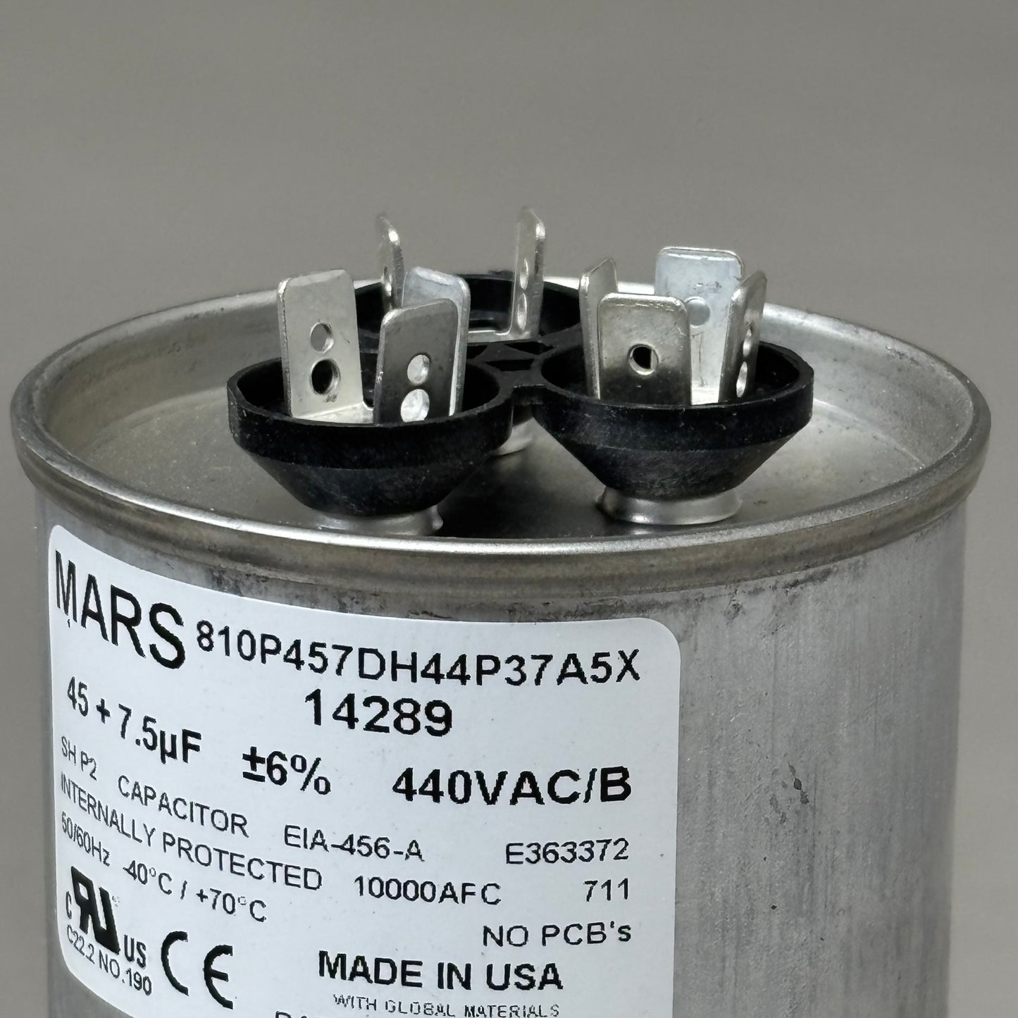 MARS Aluminum Motor Run Capacitor Round 45/7.5 MFD 440/370VAC Dual Voltage 14289