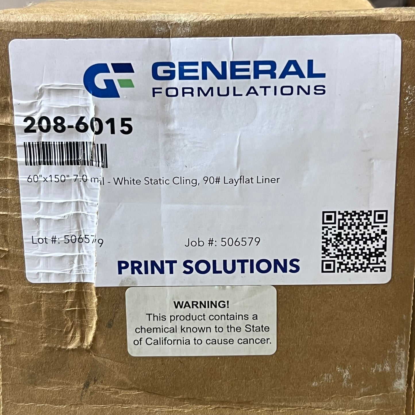 GENERAL FORMULATIONS White Static Cling 90# Layflat Liner 60" x 150 ft x 7.0 mm White 208-6015