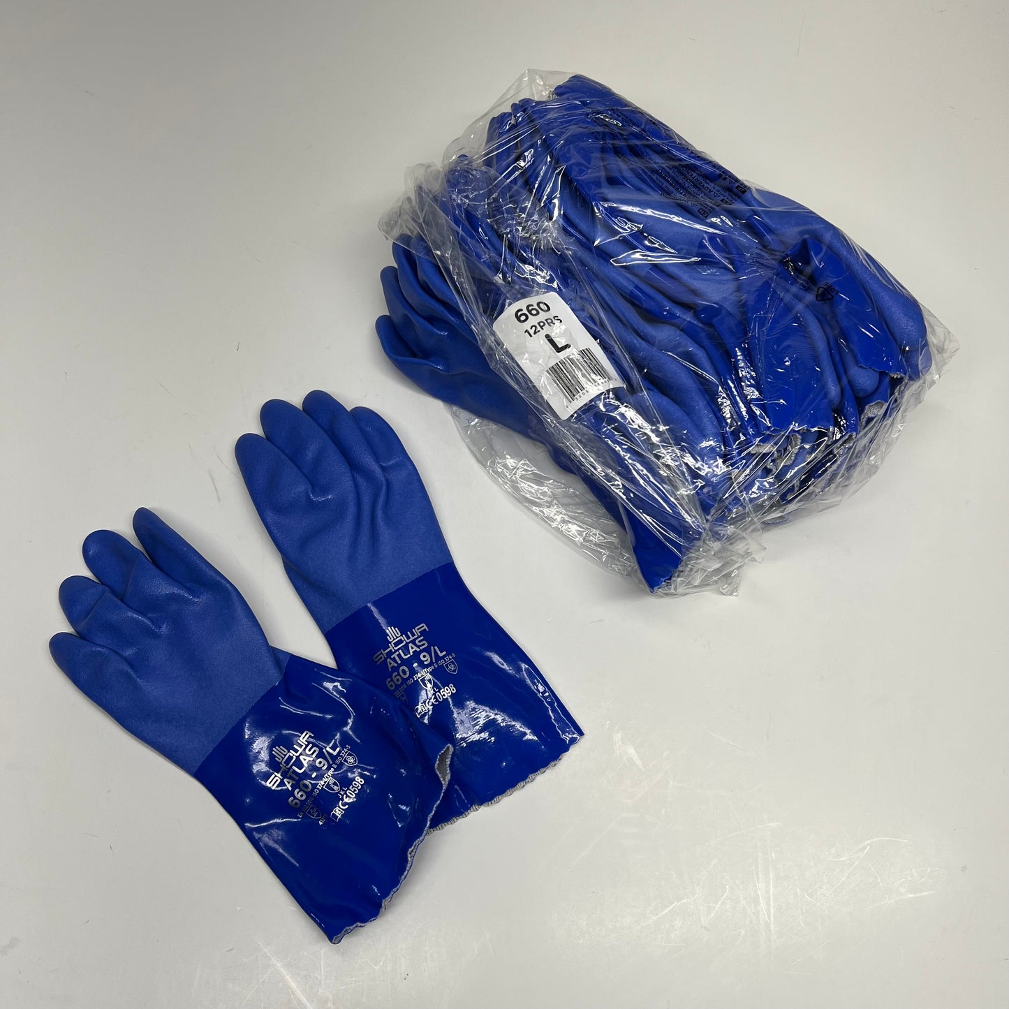 SHOWA Atlas 660 Rough Finish Triple Dipped Pvc Coating Gloves Unisex Sz L Blue