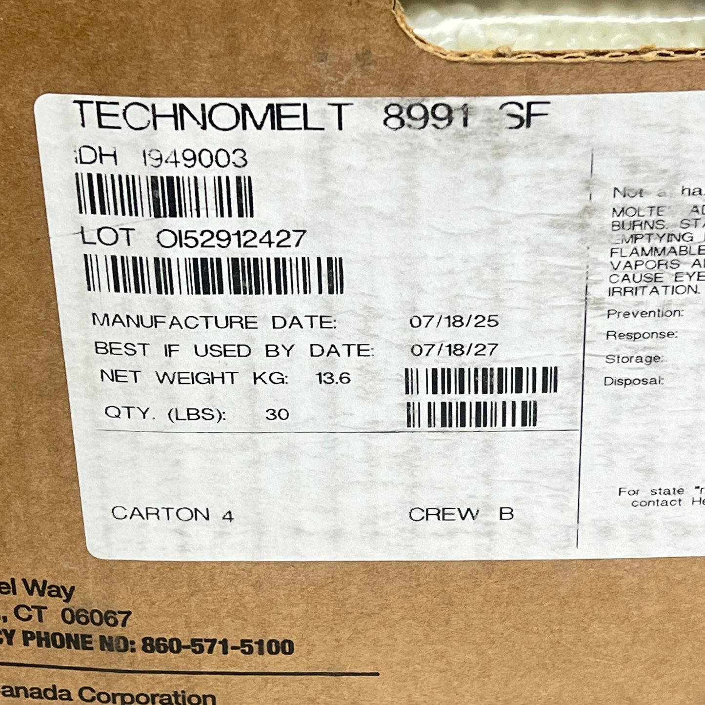ZA@ HENKEL Technomelt Hot Melt Adhesive  30 lbs Transparent 8991 SF BB 07/27