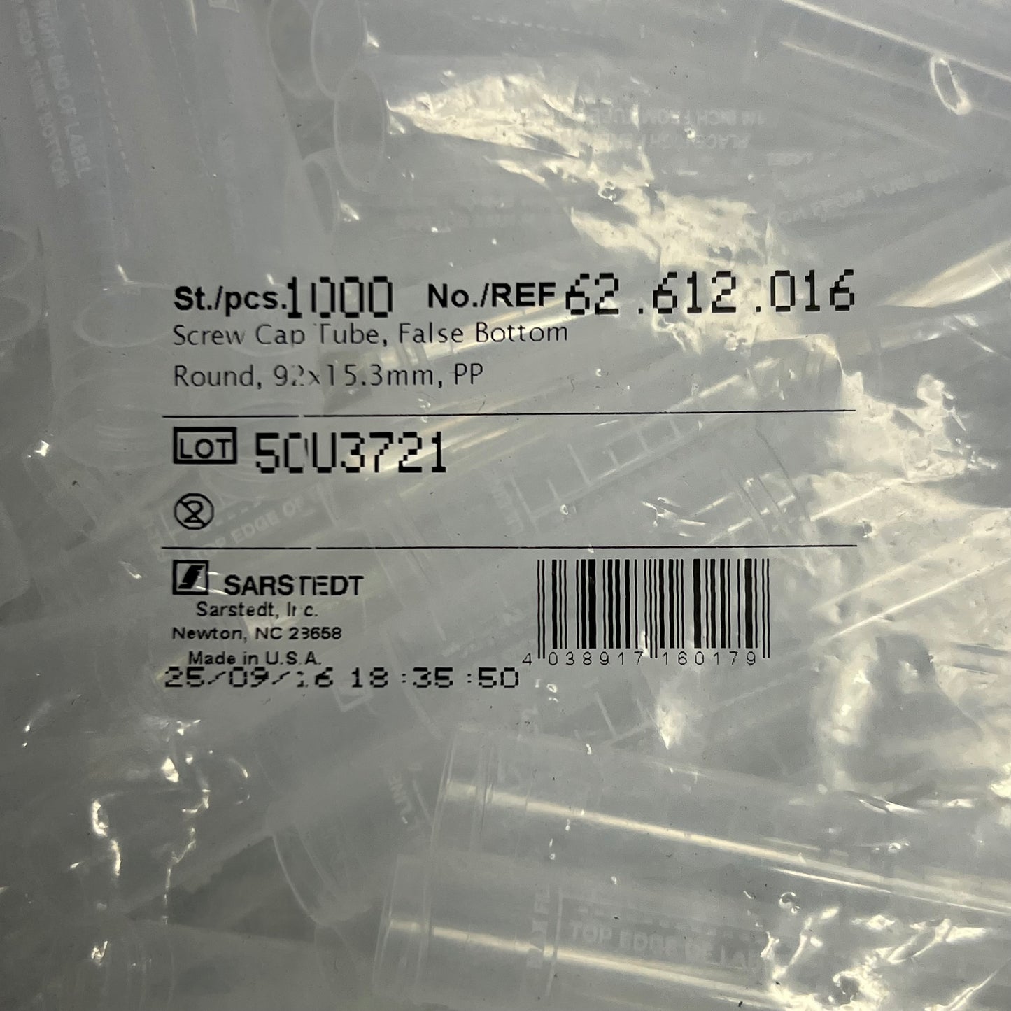 SARSTEDT (1000 PACK) Screw Cap Tube. False Bottom, Round Sz 3.62" x 0.602" 62.612.016 (New Other, Distressed Box)