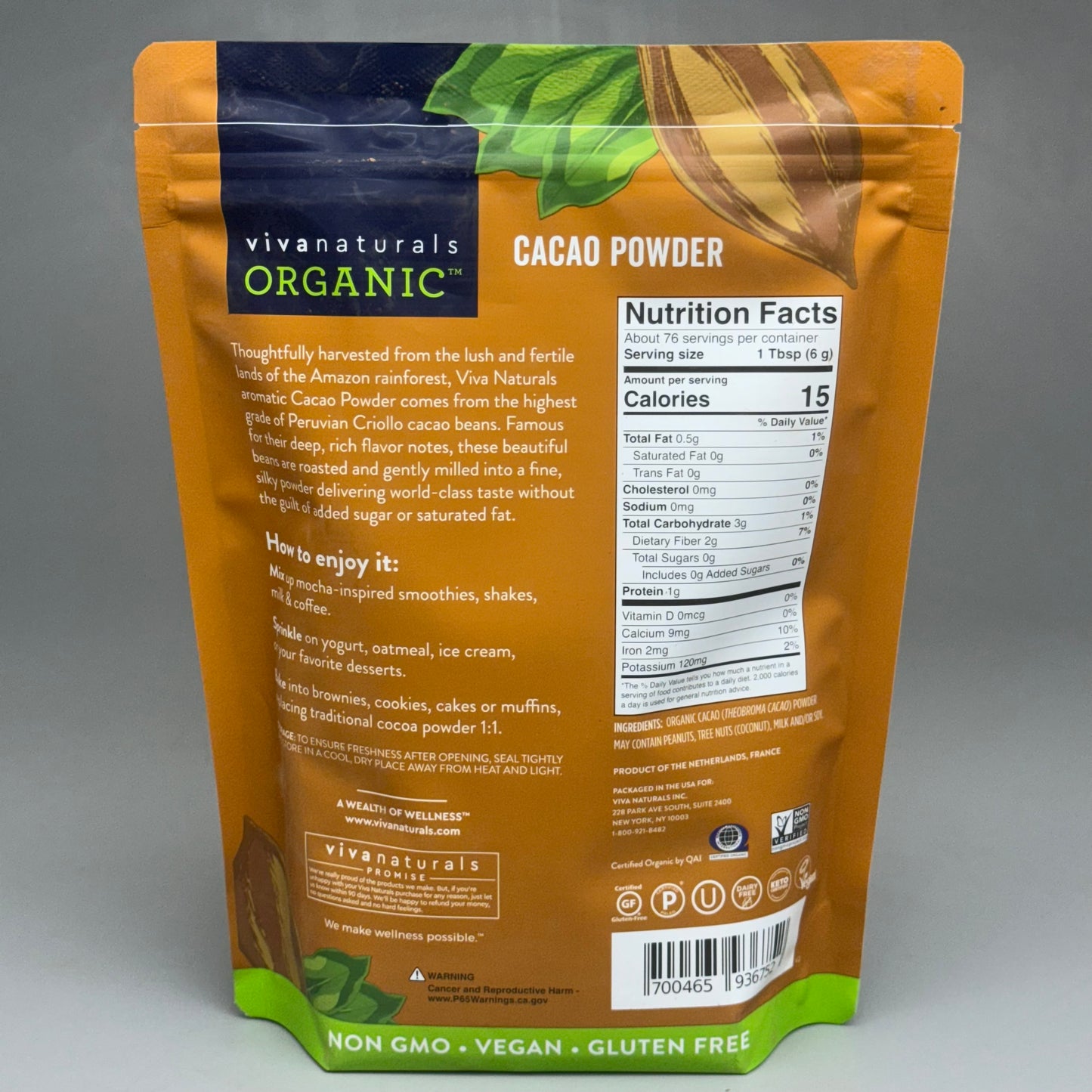 VIVA NATURALS (2 PACK) Cacao Powder Organic 1 lb BB 07/25