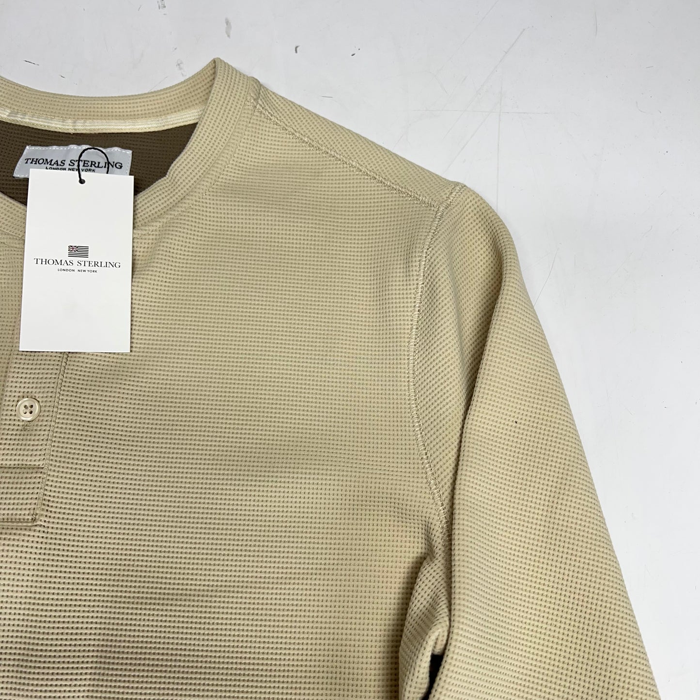 THOMAS STERLING Half Button Soft Waffle Knit Long Sleeve Men's Sz S Khaki