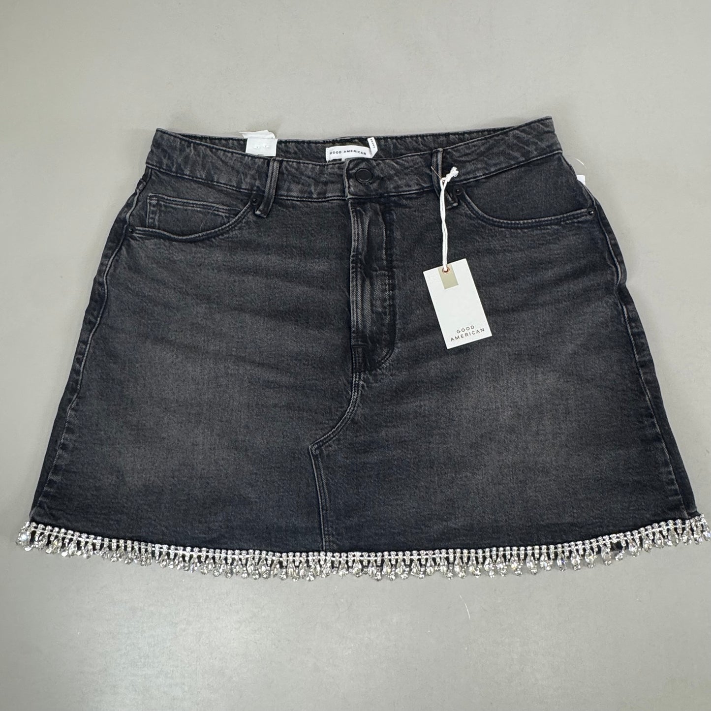 GOOD AMERICAN Denim Crystal Trim Skirt Women's Sz 12 Black376 GFD301