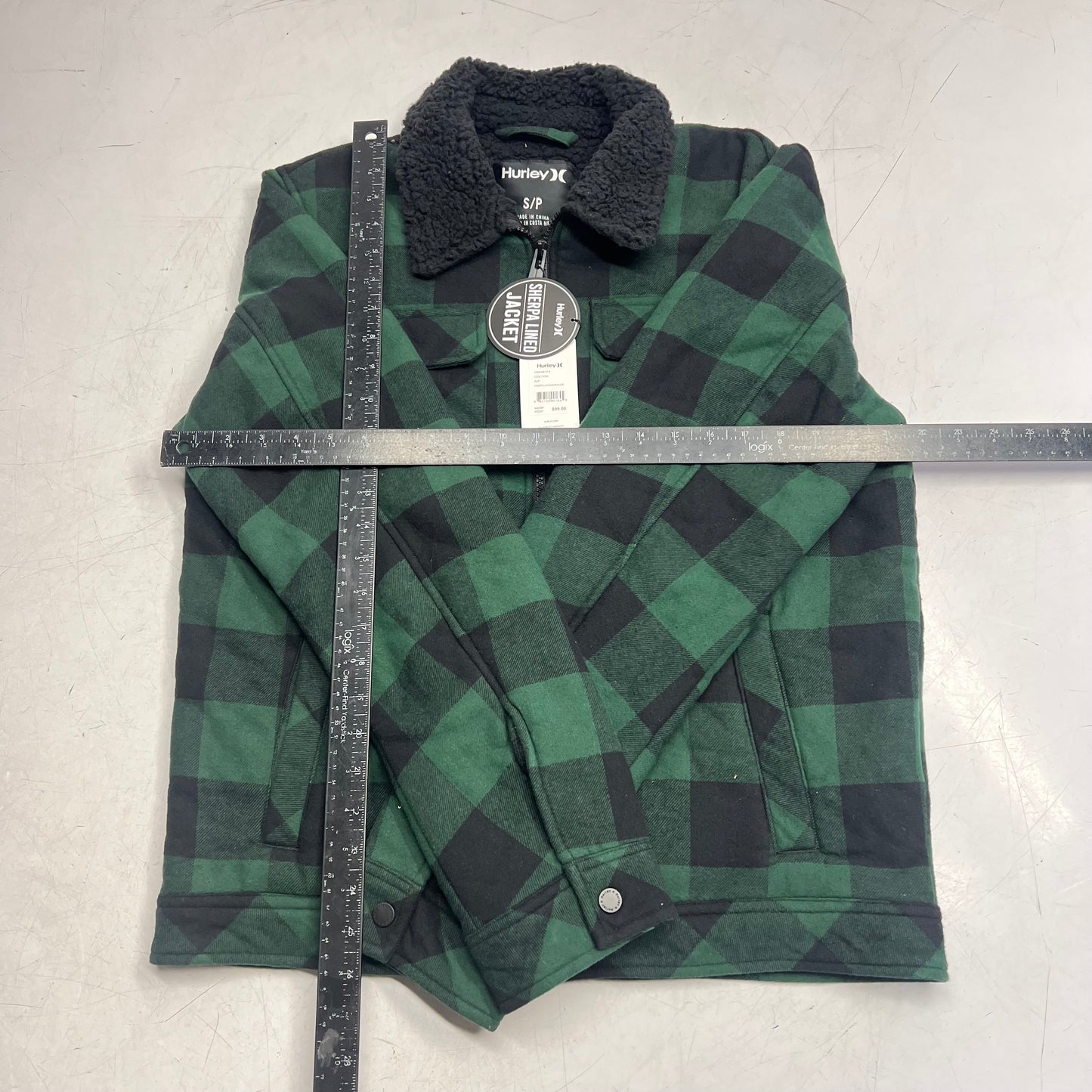 HURLEY Colt Sherpa Full Zip Jacket Men's Sz S Green/Black Plaid H6N491F4