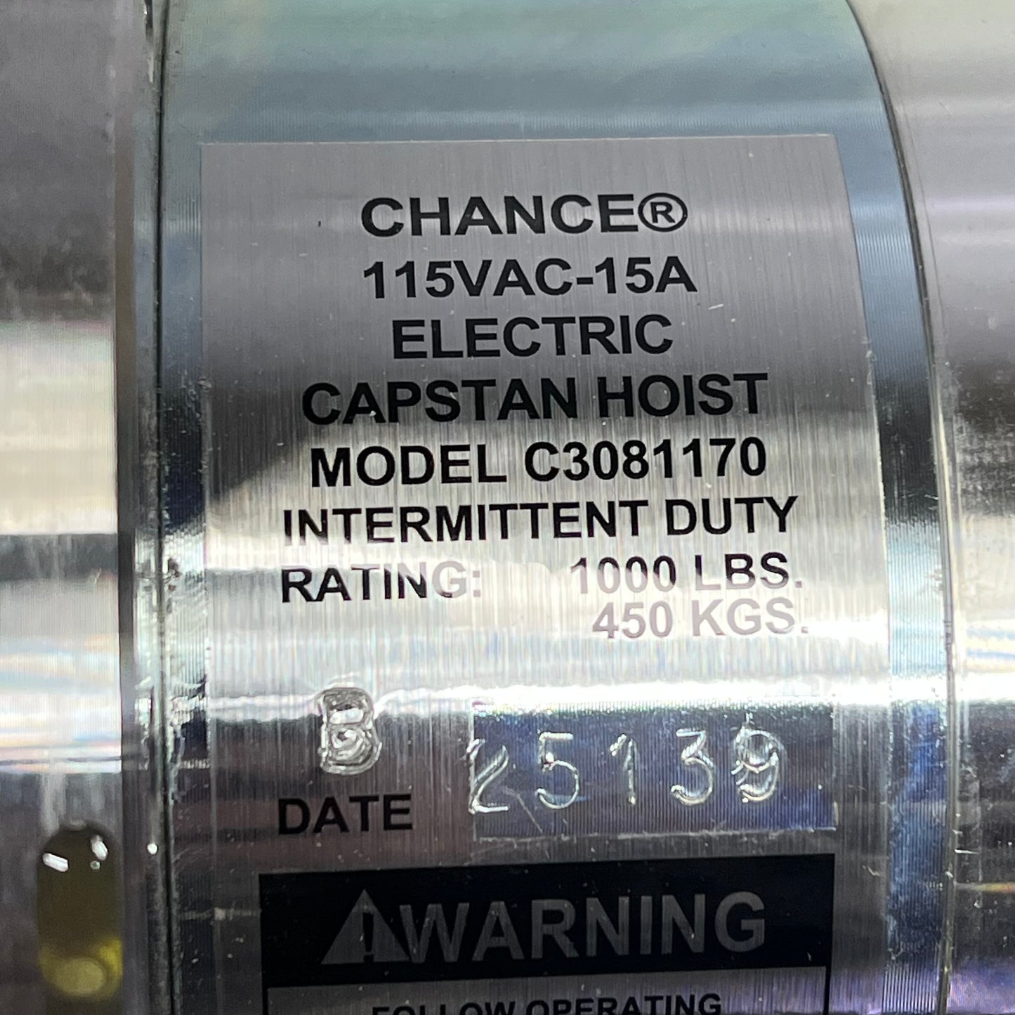 HUBBELL CHANCE Capstan Hoist 40' Per Min 1,000 Lb Capacity 115V AC C3081170 (NEW
