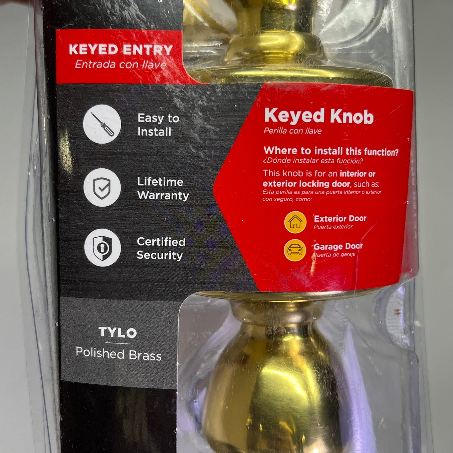 KWIKSET Tylo Polished Brass Entry Door Knob 1-1/3" Polished Brass 94002-828