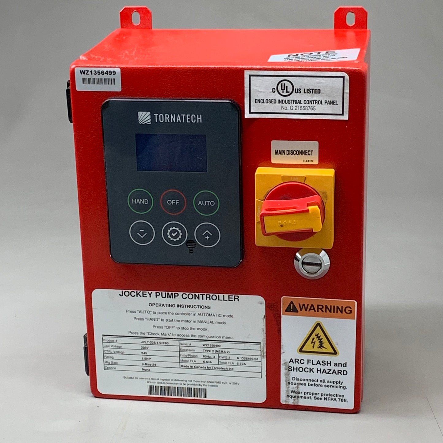 TORNATECH Jockey Pump Controller 12"x9" As-is (see images) Red JPLT-208/1.5/3/60