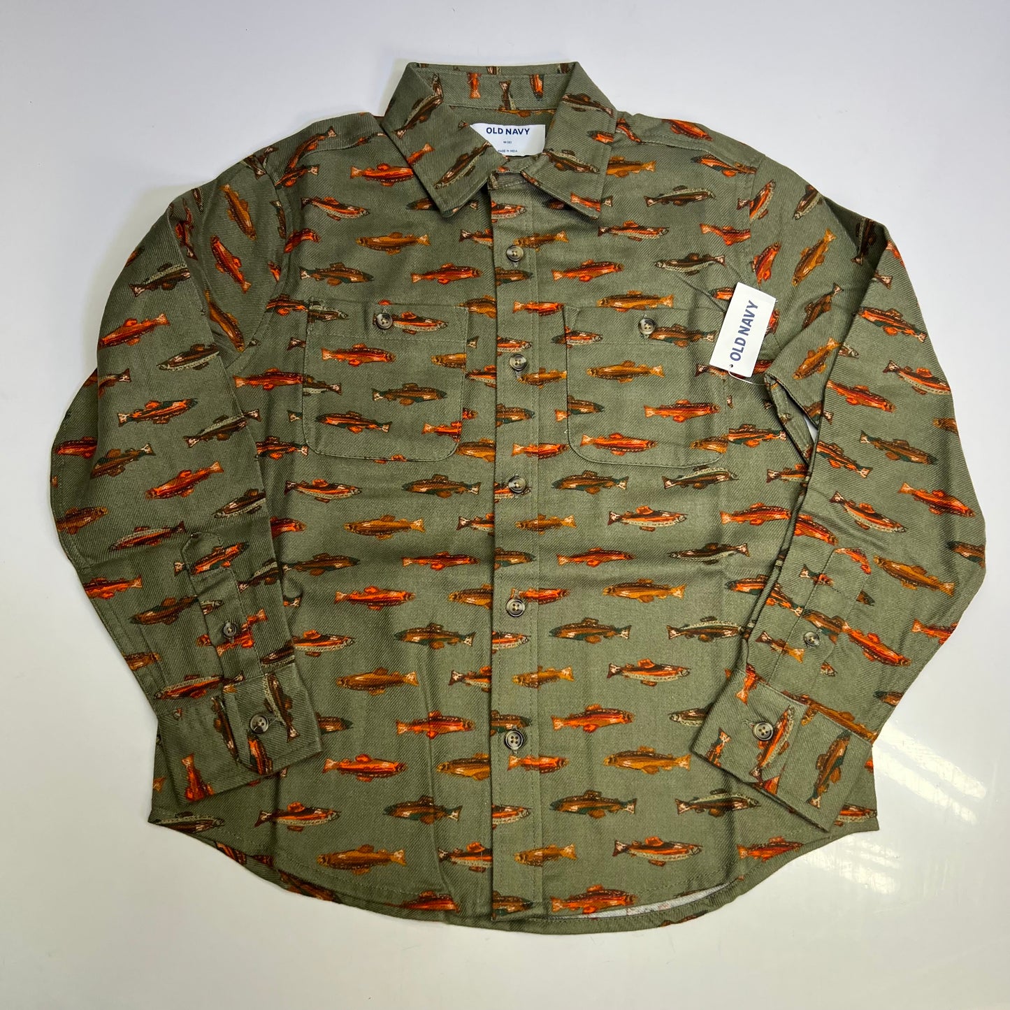 OLD NAVY Printed Fish Pattern Long Sleeve Fennel Pocket Shirt Boy's Sz XS Green