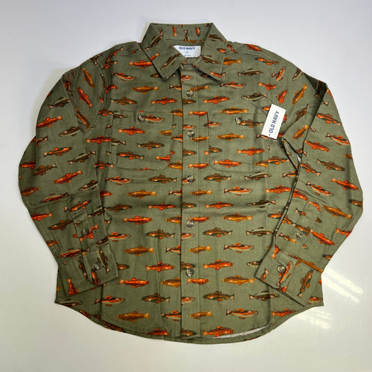 OLD NAVY Printed Fish Pattern Long Sleeve Fennel Pocket Shirt Boy's Sz XS Green