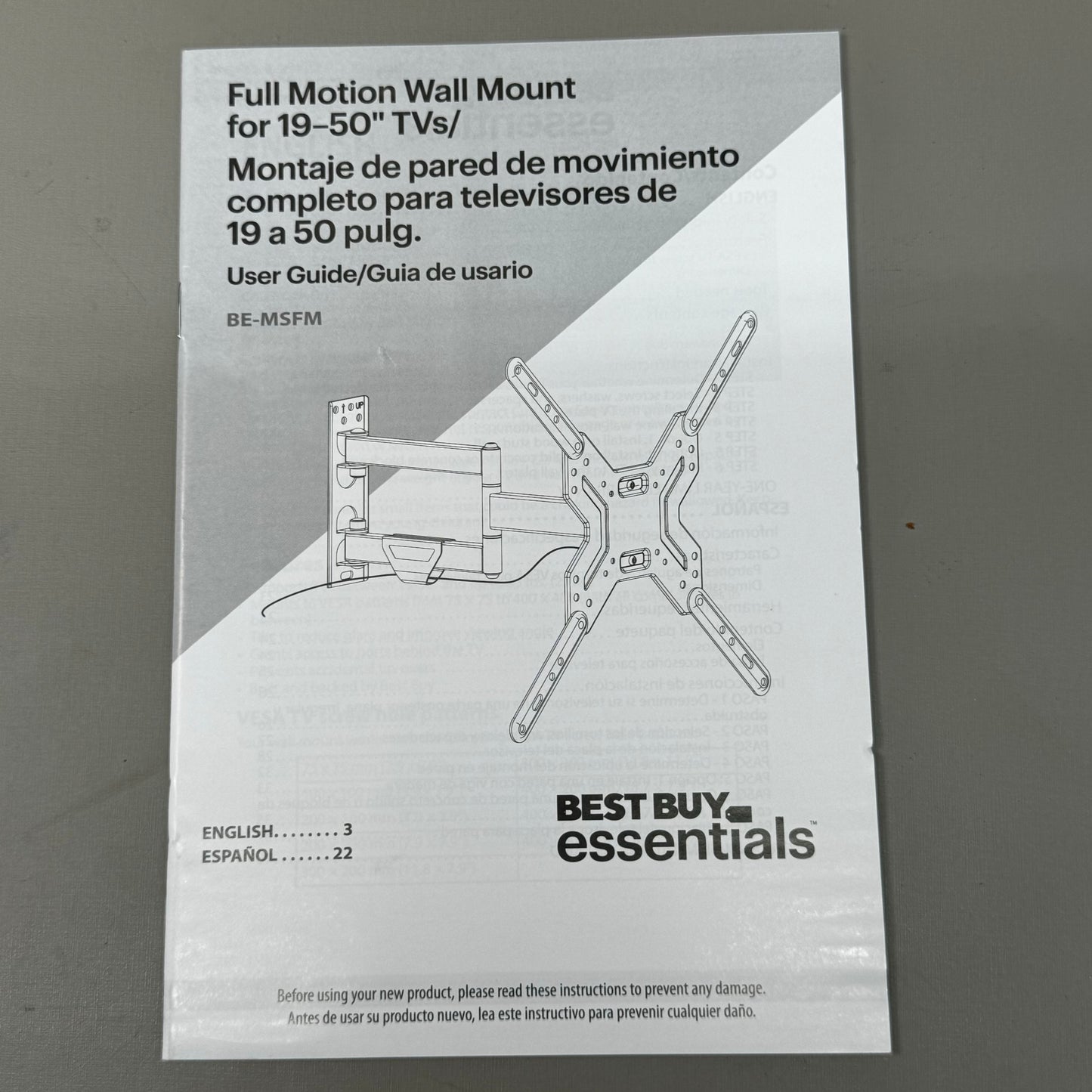 BEST BUY ESSENTIALS Full Motion Wall Mount for 19"-50" TVs Supports 55lbs BEMSFM