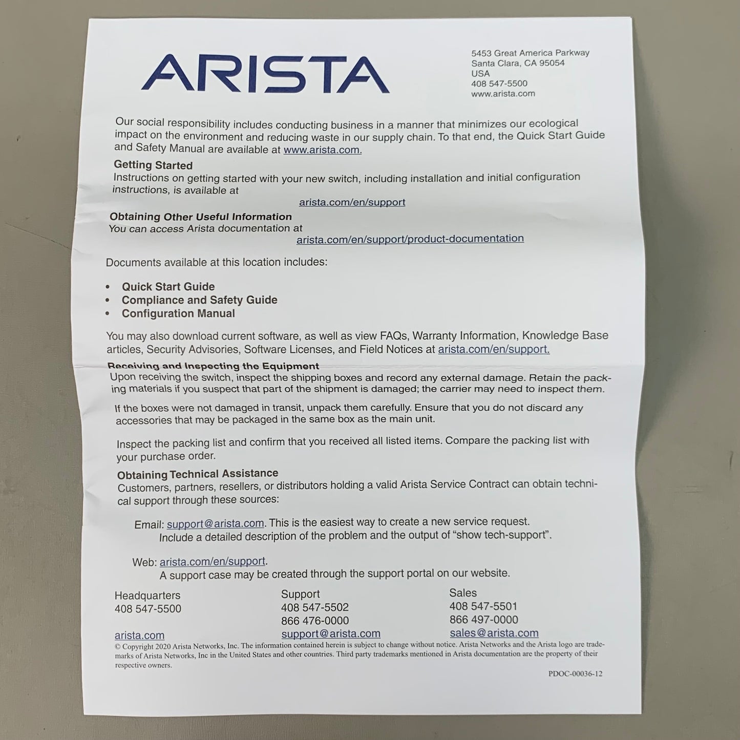 ARISTA Network Switch Back-to-Front Airflow 48-Port 1GE & 6-10GE SFP+ Uplinks (New)