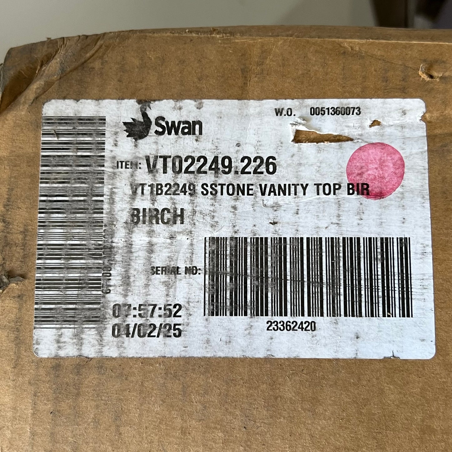 SWANSTONE Vanity Top Bir 21.5"W x 49"L White VT02249