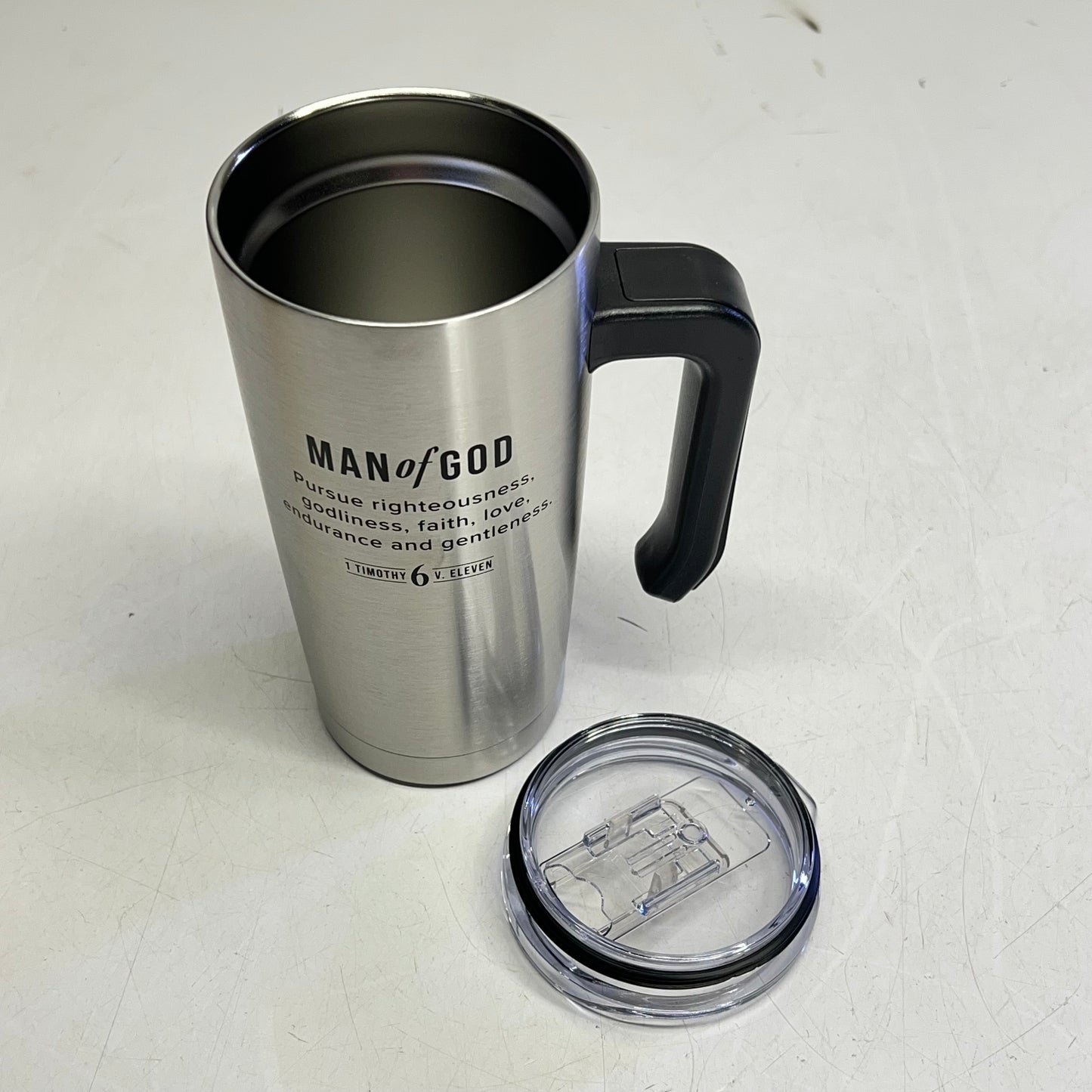 CHRISTIAN ART GIFTS Timothy 6:11 Travel Mug with Handle 18 fl oz Silver SMUG328