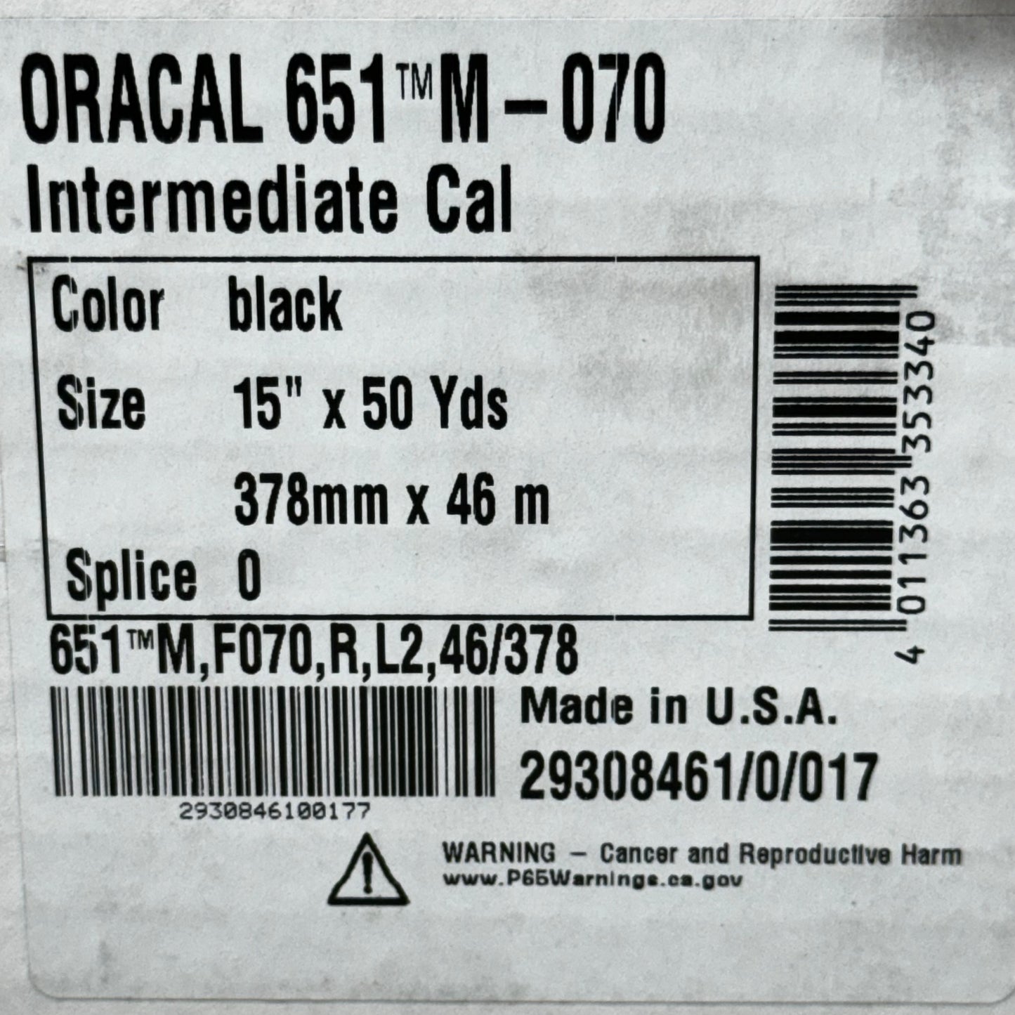 ORAFOL 651 Permanent Vinyl IntermediateCal 15"X50Yds Black 651TM-070