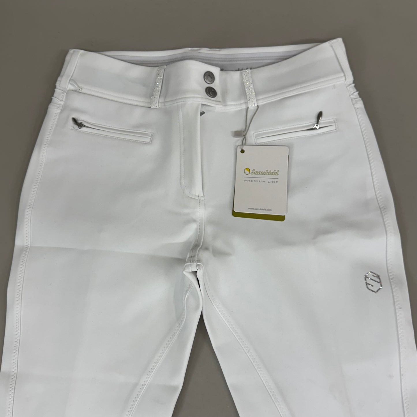 SAMSHIELD Clara Premium Knee Grip Equestrian Pants Women's Sz US 26 White Blazon