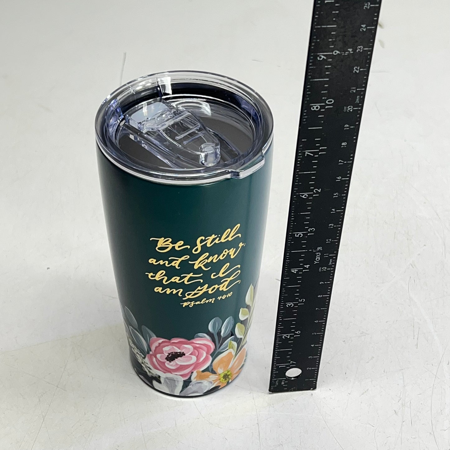 CHRISTIAN ART GIFTS Psalm 46:10 Floral Stainless Steel Travel Tumblr 18 Fl Oz