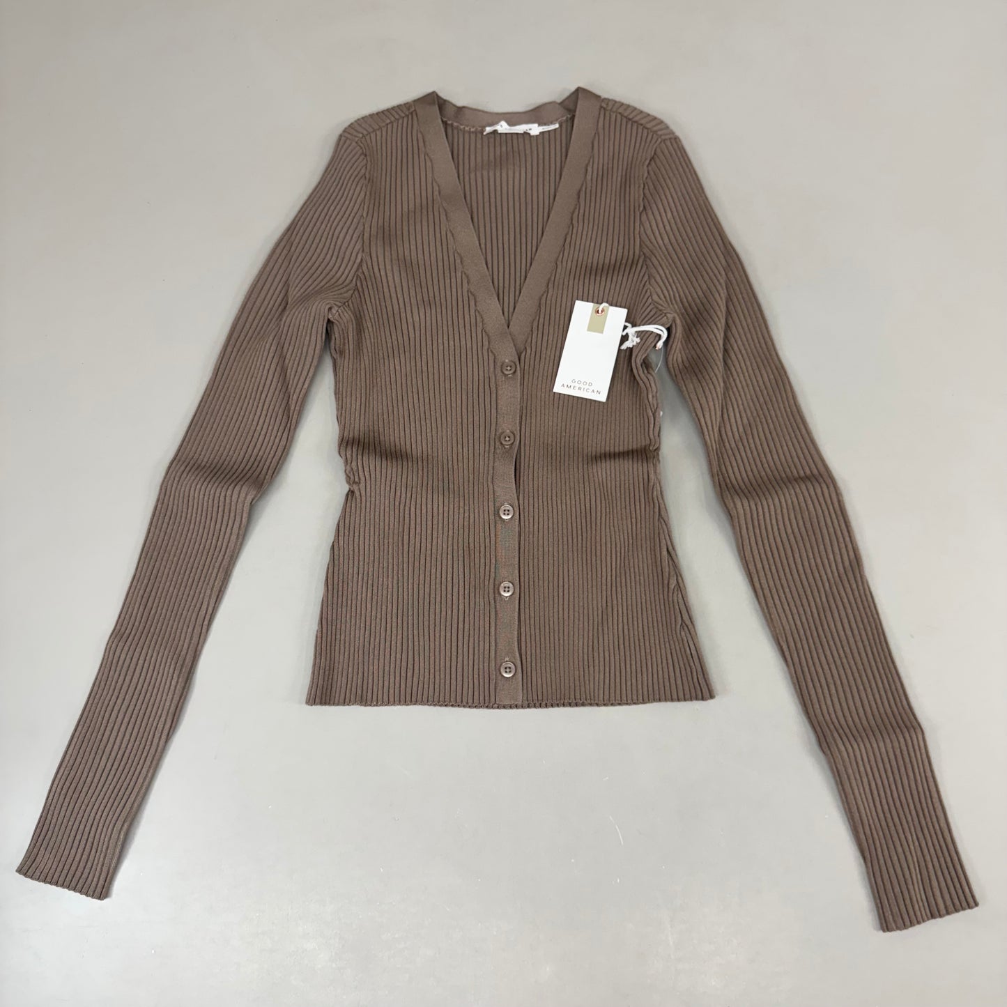 GOOD AMERICAN Shine Rib V-Neck Cardigan Women's Sz Small Putty001 GSK0245