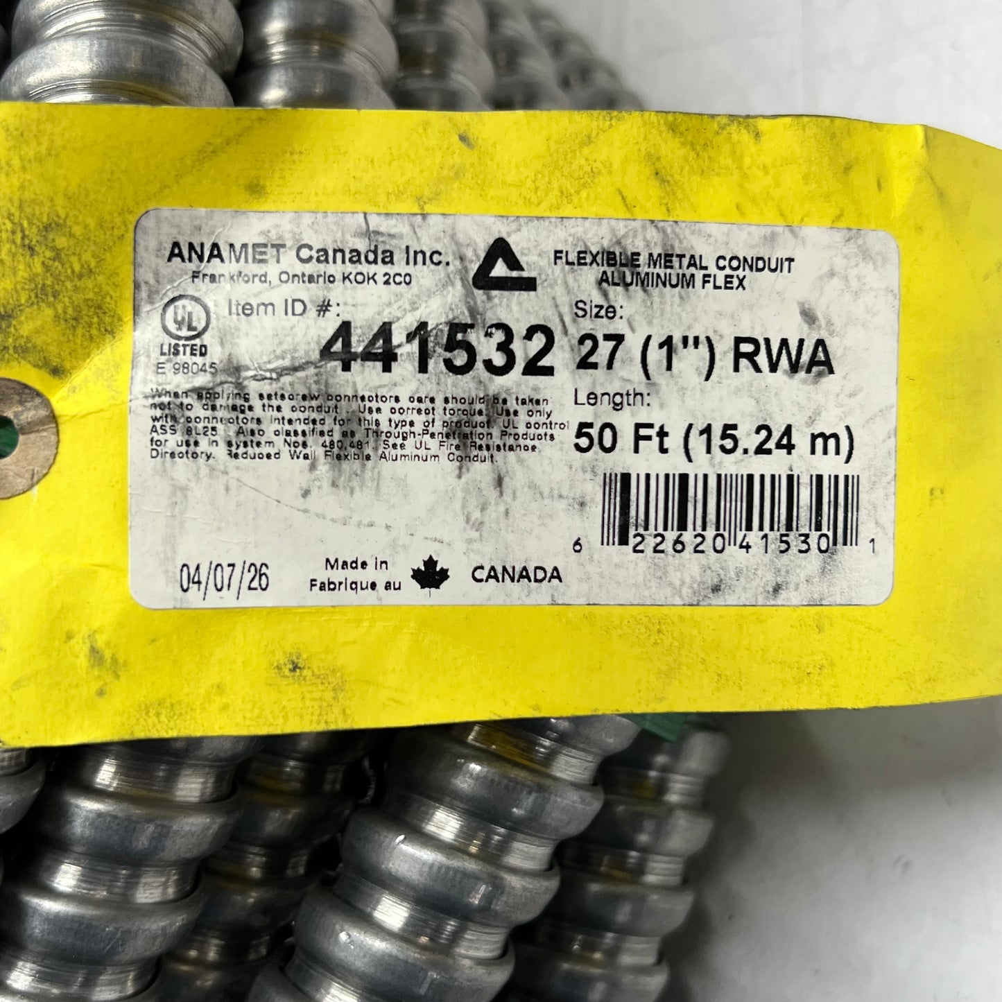 ANAMET Flexible Metal Conduit Aluminum Flex Sz 50" ft x 1" 441532