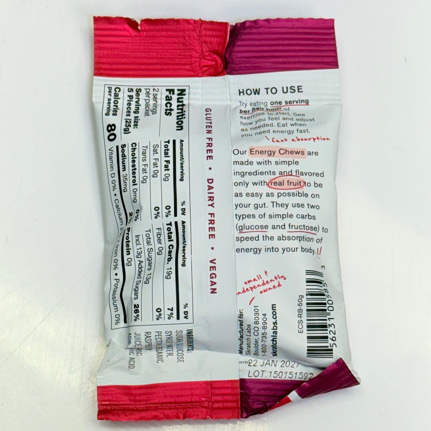 ZA@ SKRATCH (10 PACK) Raspberry Energy Chews 1.76 Oz BB 01/27 (New - Dented Box)