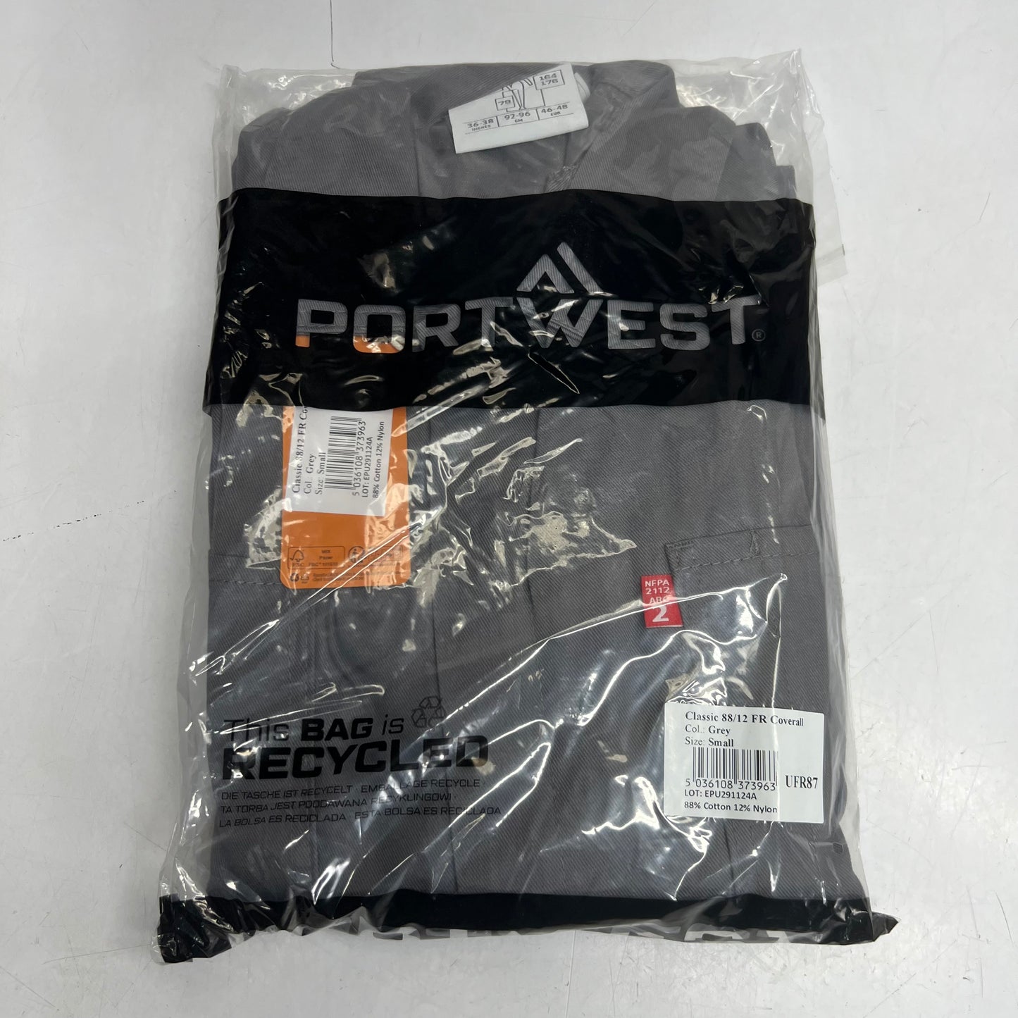 PORTWEST Bizflame 88/12 Classic FR Coveralls Sz Small, Grey UFR87