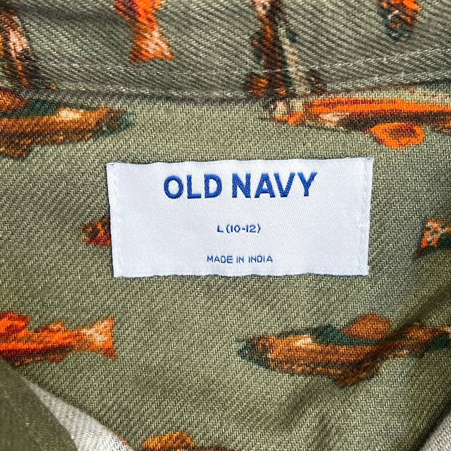 OLD NAVY Printed Fish Pattern Long Sleeve Fennel Pocket Shirt Boy's Sz L Green