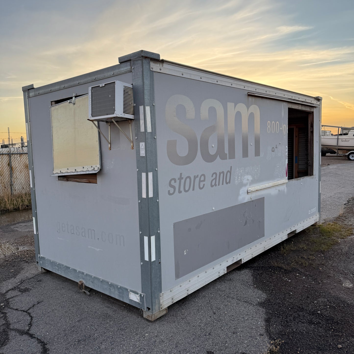 Z@ 16’ Portable Storage Container/Unit/Pod Steel/Fiberglass 16'x 8'x 8' w/ holes Cut in Side & Back POD#20 Grey (AS-IS)