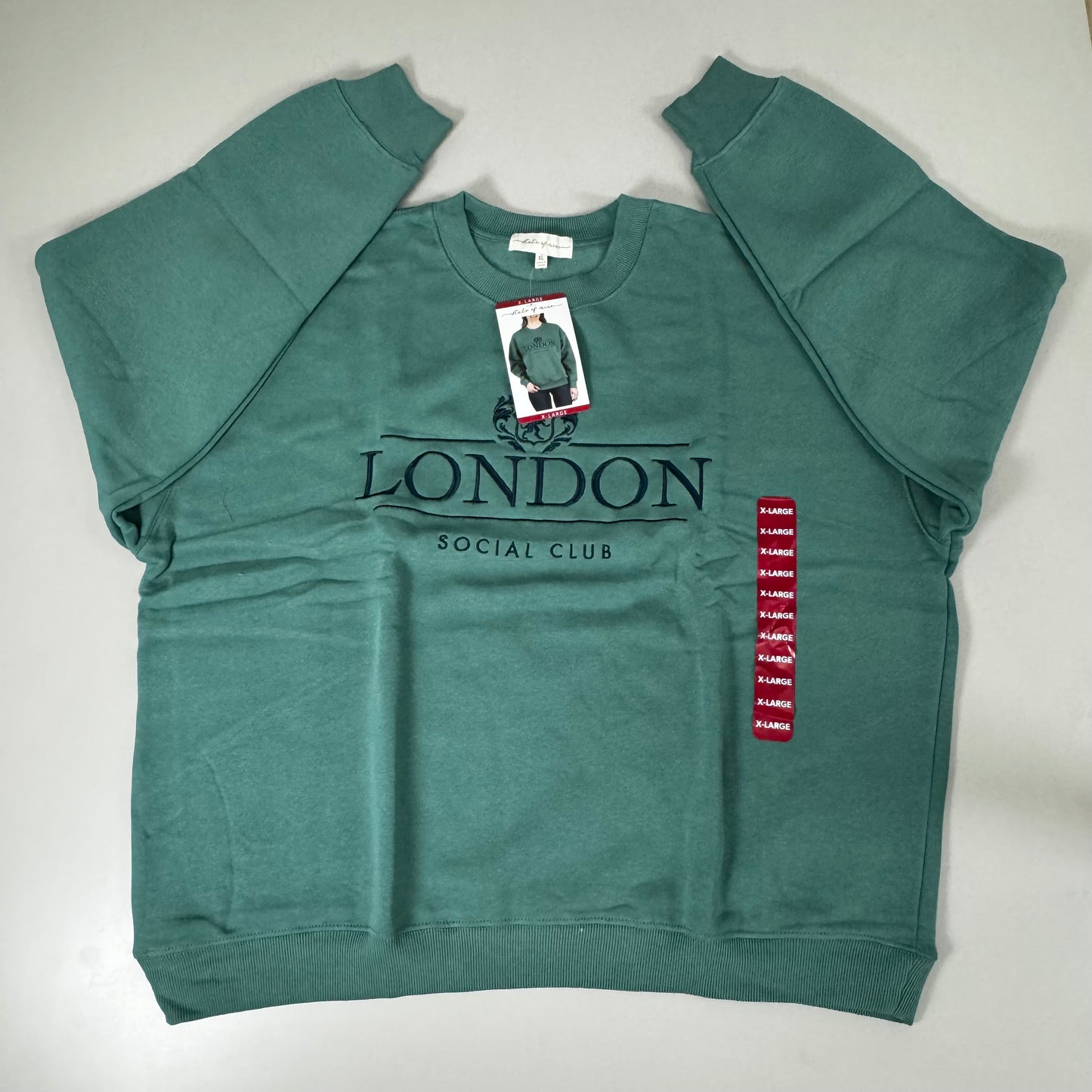 STATE OF MINE London Embroidered Crewneck Hoodie Sage Women's Sz XL 15711