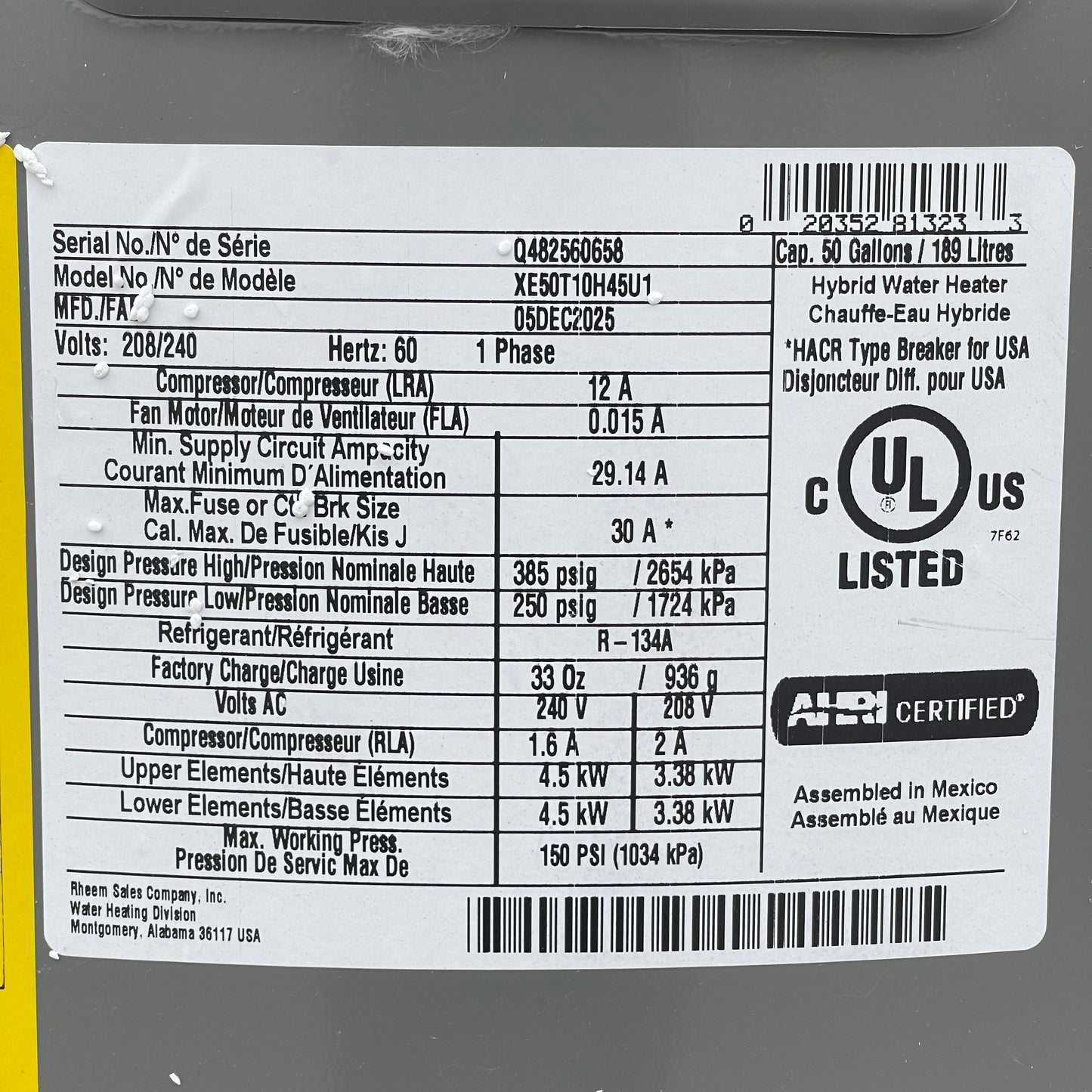 Z@ RHEEM Hybrid Electric Water Heater 50 gal Grey XE50T10H45U1 (New, Small Dent)