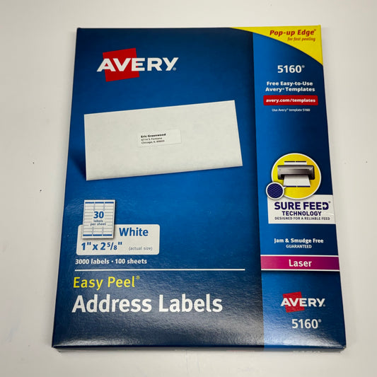 AVERY (3000 Labels) Address Labels Sz 1" x 2 5/8" 5160