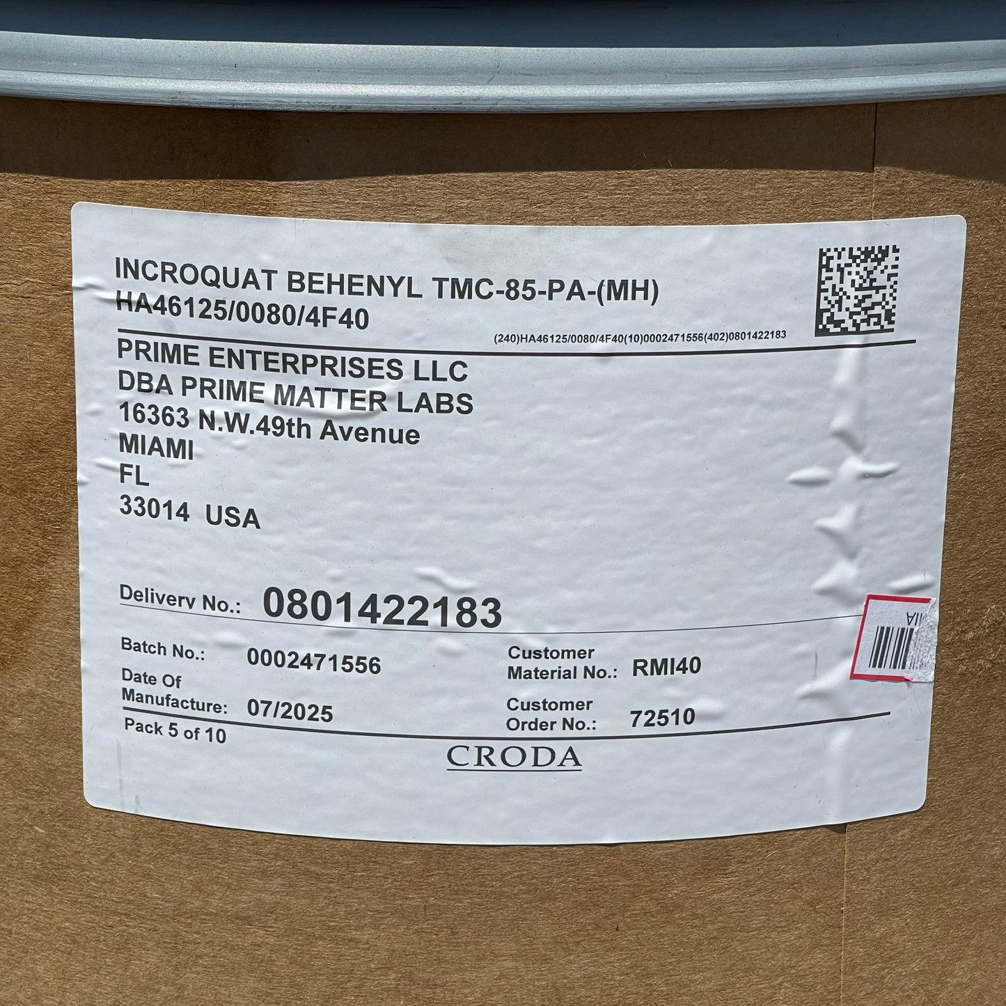 ZA@ Pallet of CRODA Incroquat Behenyl (behentrimonium Chloride) 80 kg TMC-85-PA-(MH) (AS-IS)