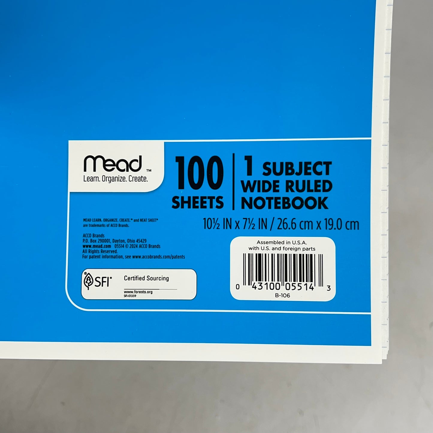 ZA@ MEAD (6 PACK, 100 Sheets Each) 1 Subject Wide Ruled Notebook 10.5"x7.5" Multic|olor