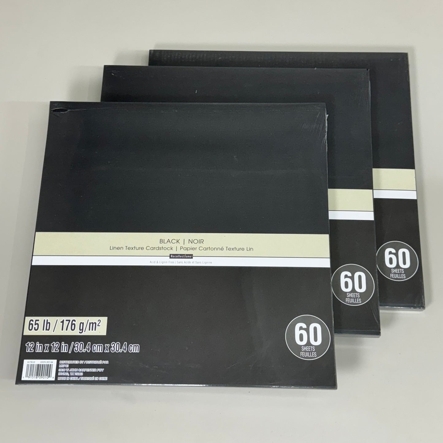 RECOLLECTIONS (3 PACKS , 180 SHEETS TOTAL) Linen Texture Cardstock 12"x12" Black