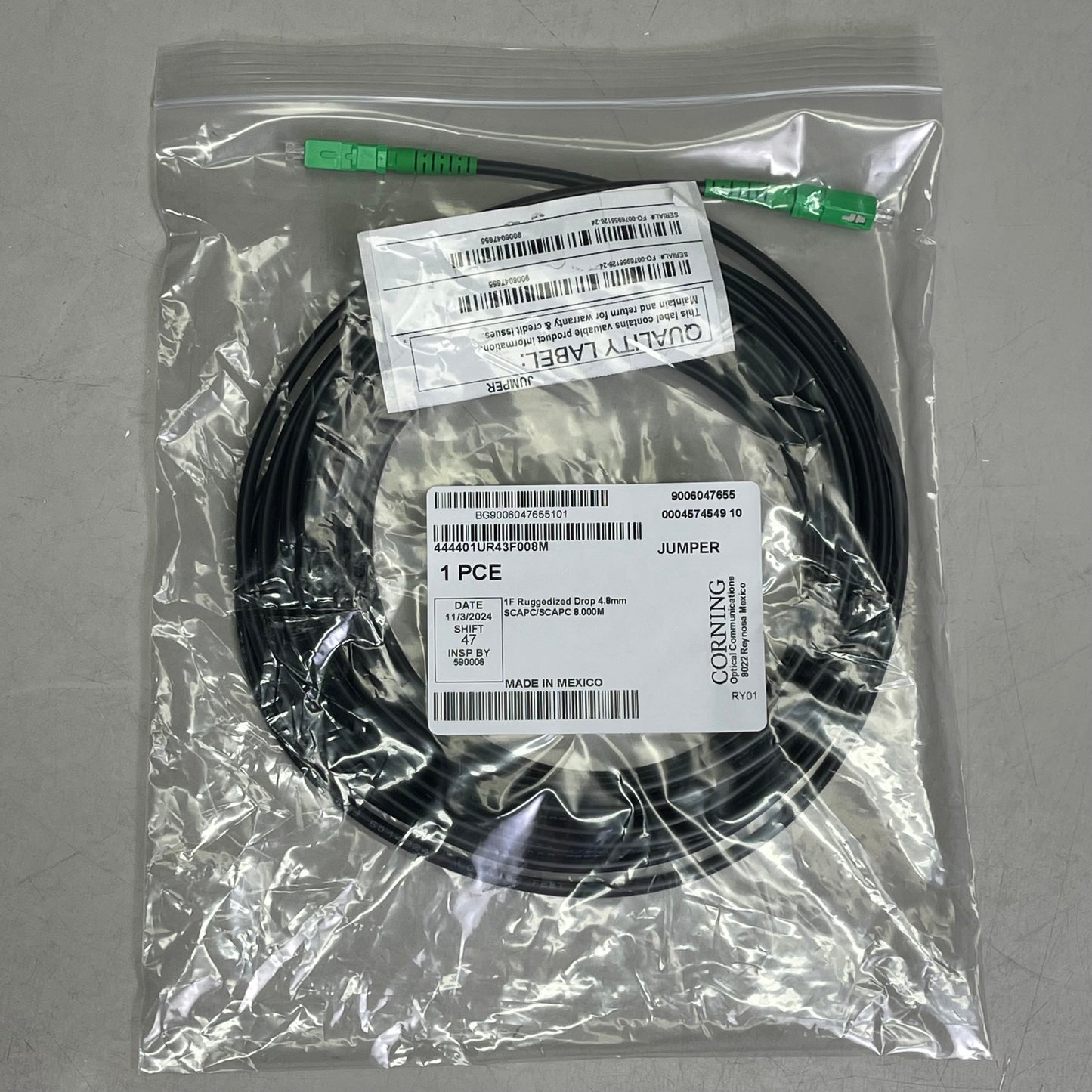 CORNING 1F Ruggedized Drop Fiber Optic Jumper SCAPC/SCAPC 8.000M 444401UR43F008M