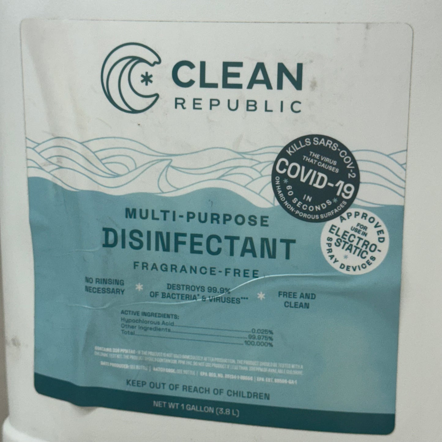 CLEAN REPUBLIC (4 Pack)  Multi-purpose Disinfectant, Hypochlorous Acid Cleaner 1 Gallon Unfinished (New (As Is))