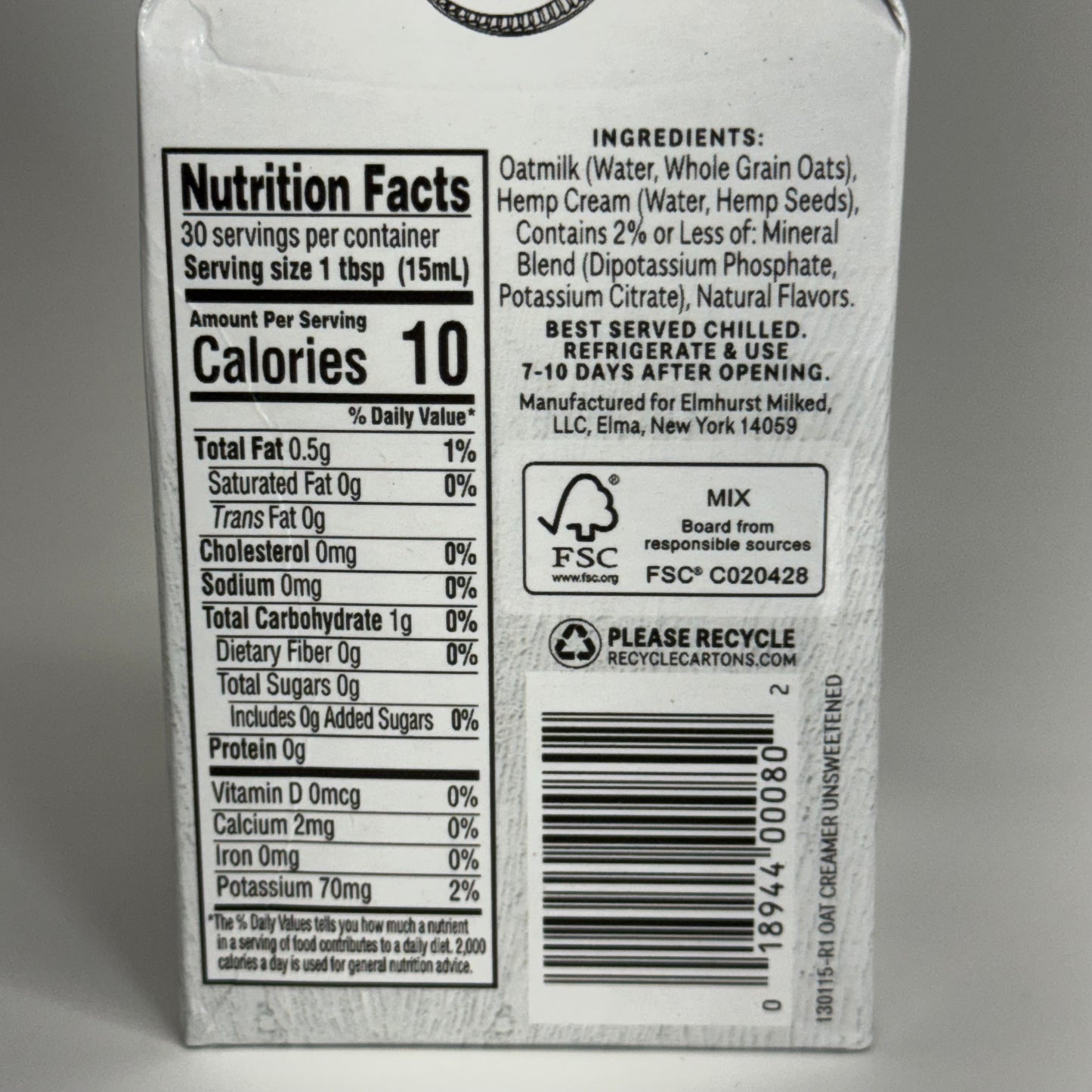 ELMHURST (4 PACK) Elmhurst Unsweetened Oat Creamer 16 fl oz. BB 11/26
