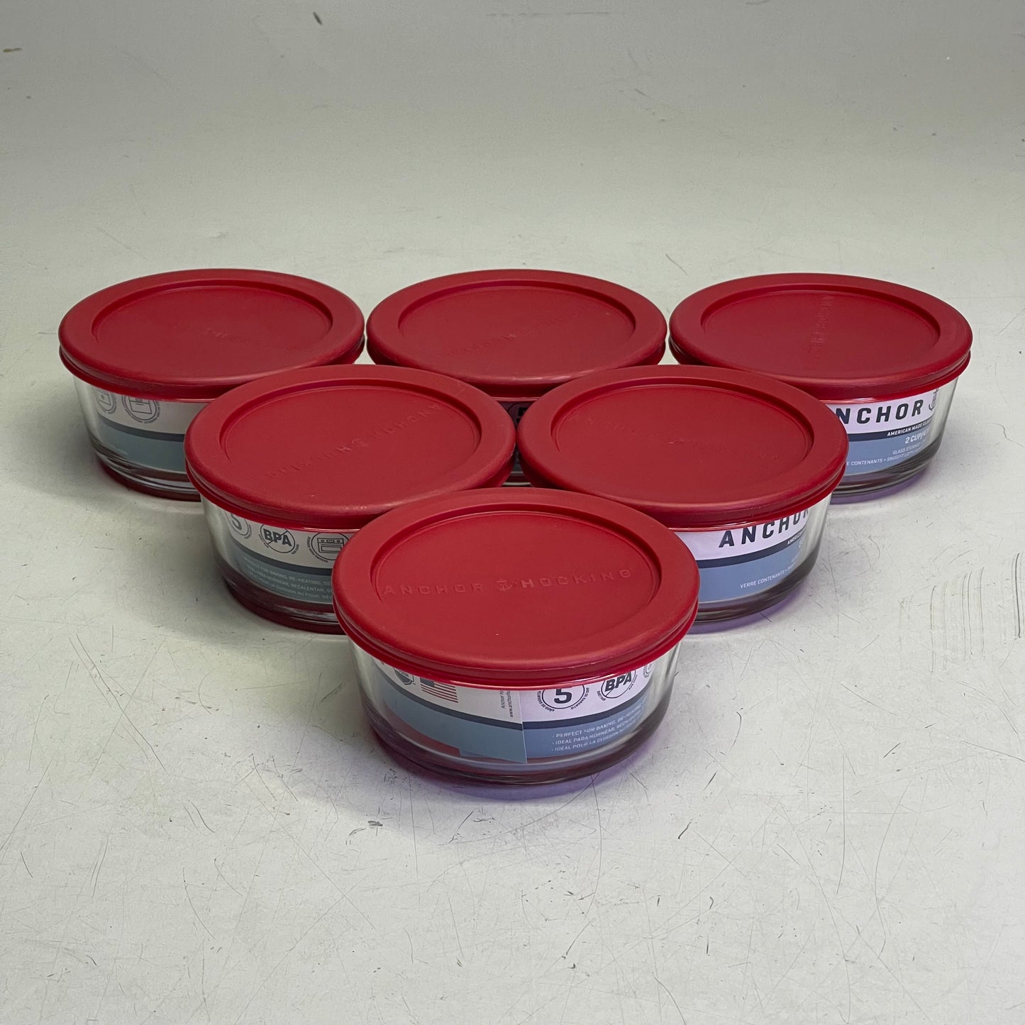 ANCHOR HOCKING (6 PACK) 2-Cup Glass Food Storage Container Clear + Red Lid 91547