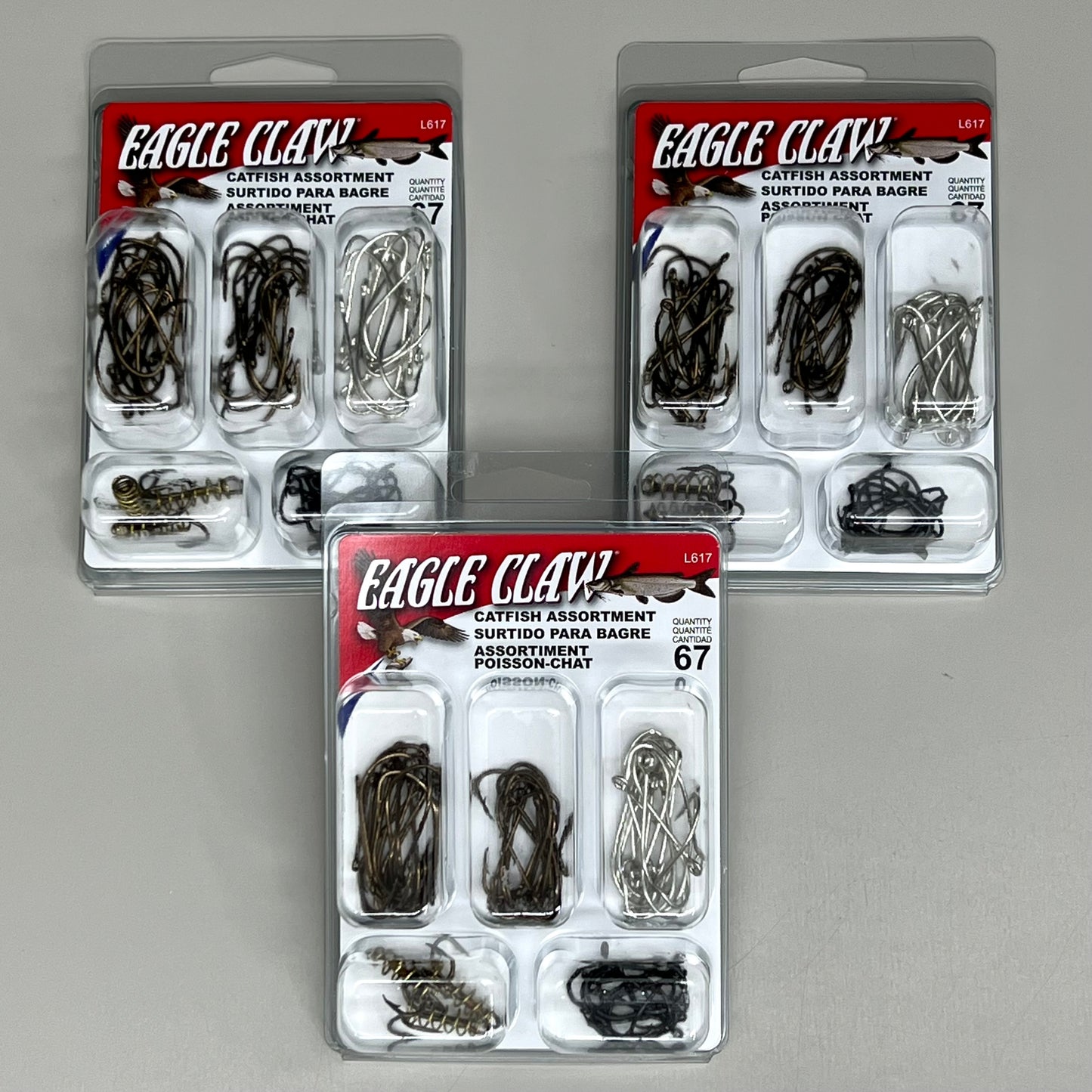 EAGLE CLAW (3 PACK) Wide Catfish Assortment Hooks Size Range From #4-1/0 67pc L617