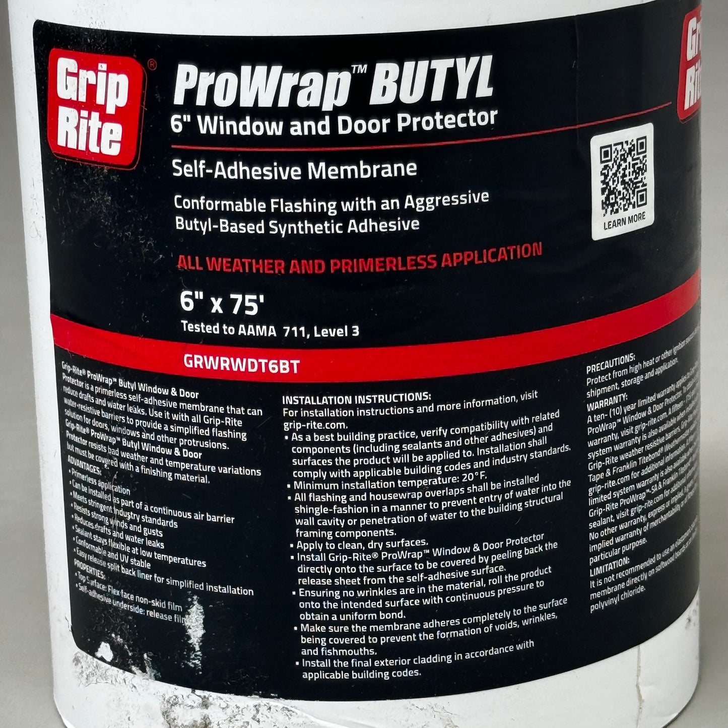 GRIP RITE ProWrap BUTYL Window & Door Protector 6"X75' All Weather GRWRWDT6BT