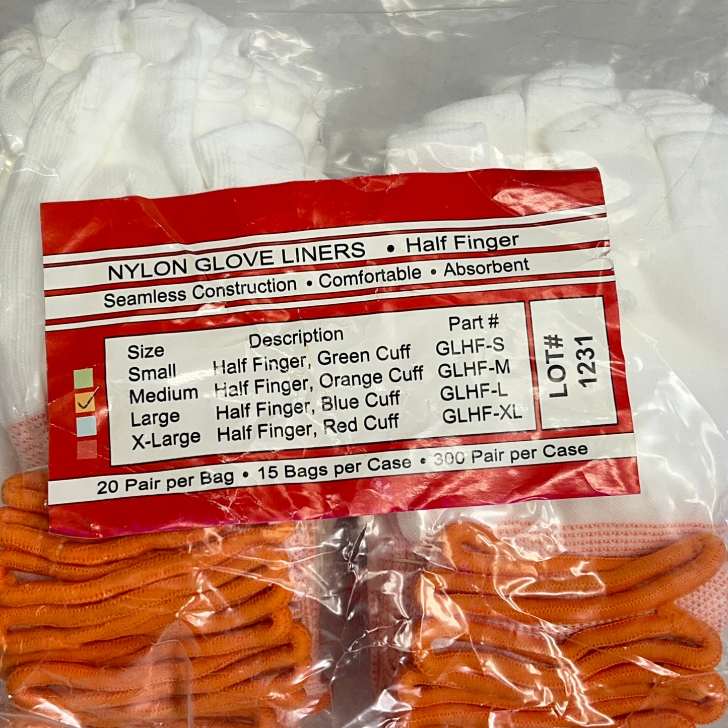 PURUS INTERNATIONAL (20 PAIRS) Pure Touch Glove Liners Unisex Sz M Orange 1095