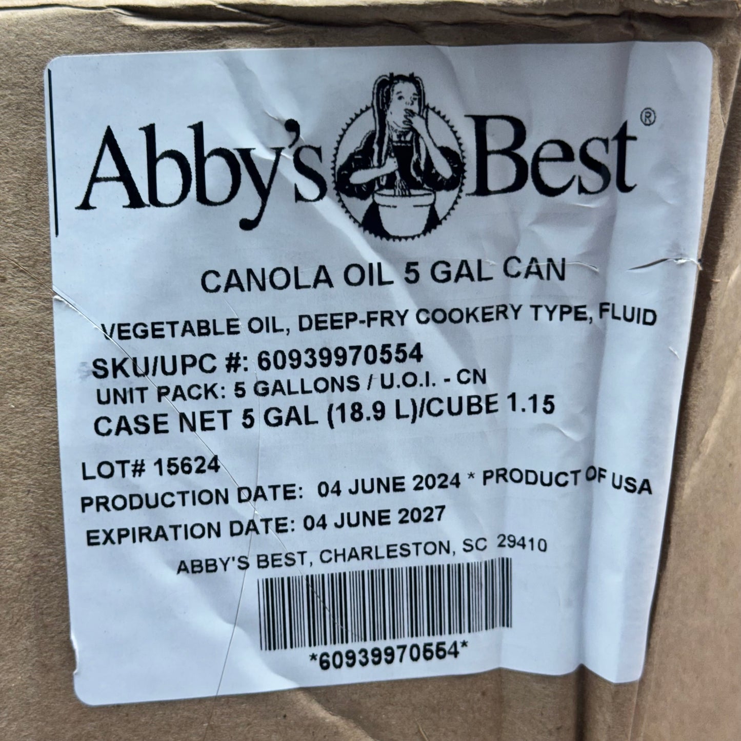 ABBY’S BEST (5 Gal) Canola Oil BB 06/27