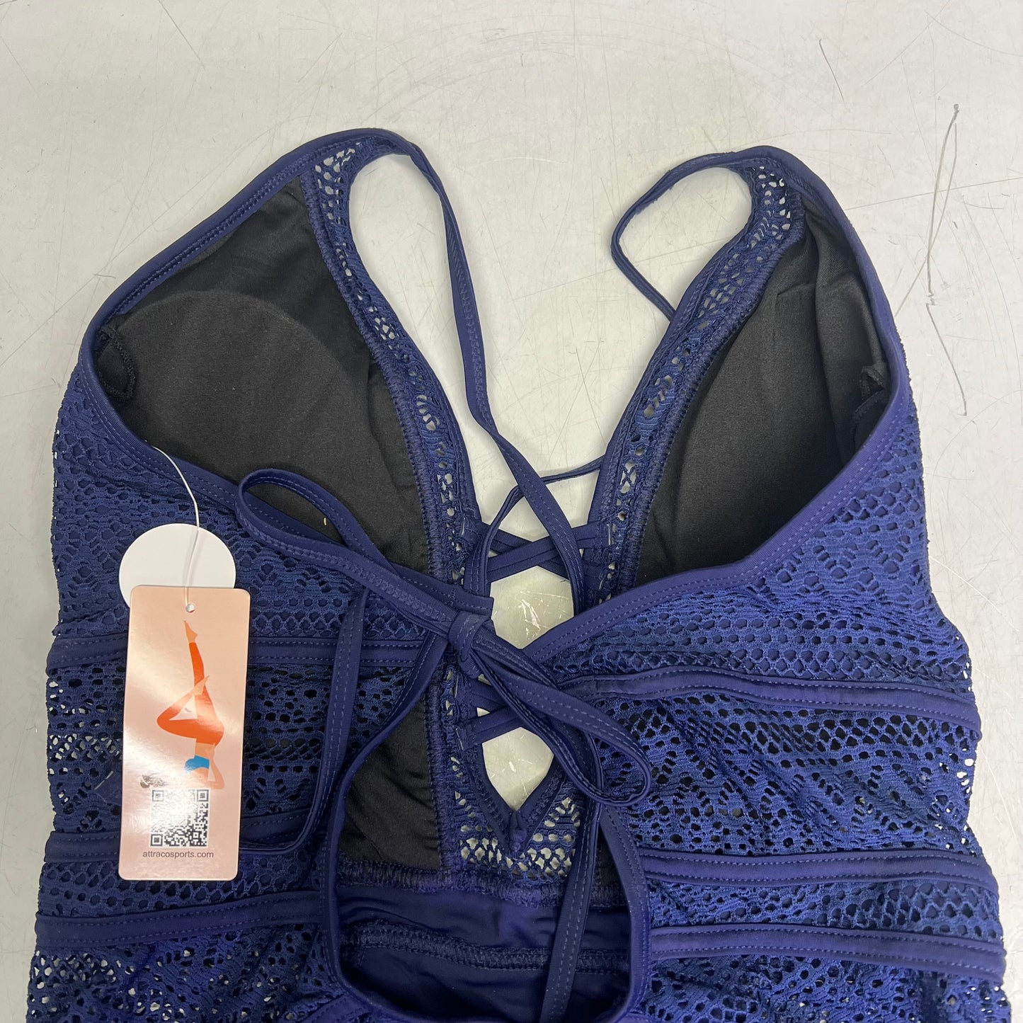 CHARMO Solid Cross Plunge Crochet One Piece Swimsuit Women's Sz M Dark Navy