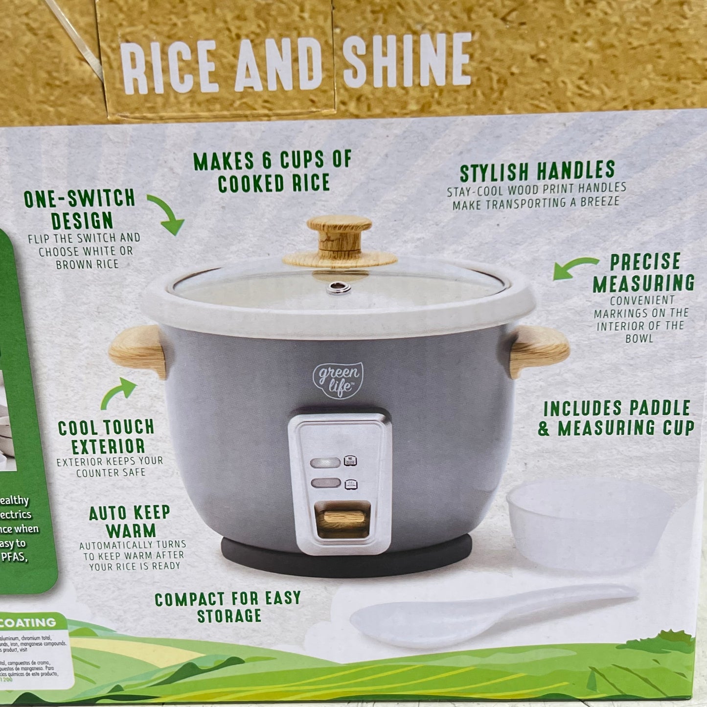 GREEN LIFE One Touch Design Rice Cooker  6-Cup Grey/Faux Wood CC008703-003