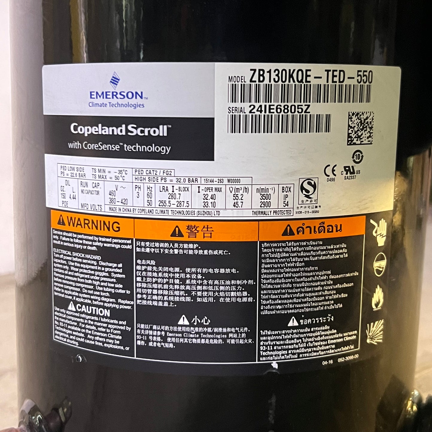 EMERSON Copeland Scroll Compressor 380/420v, Black ZB130KQE-TED-550